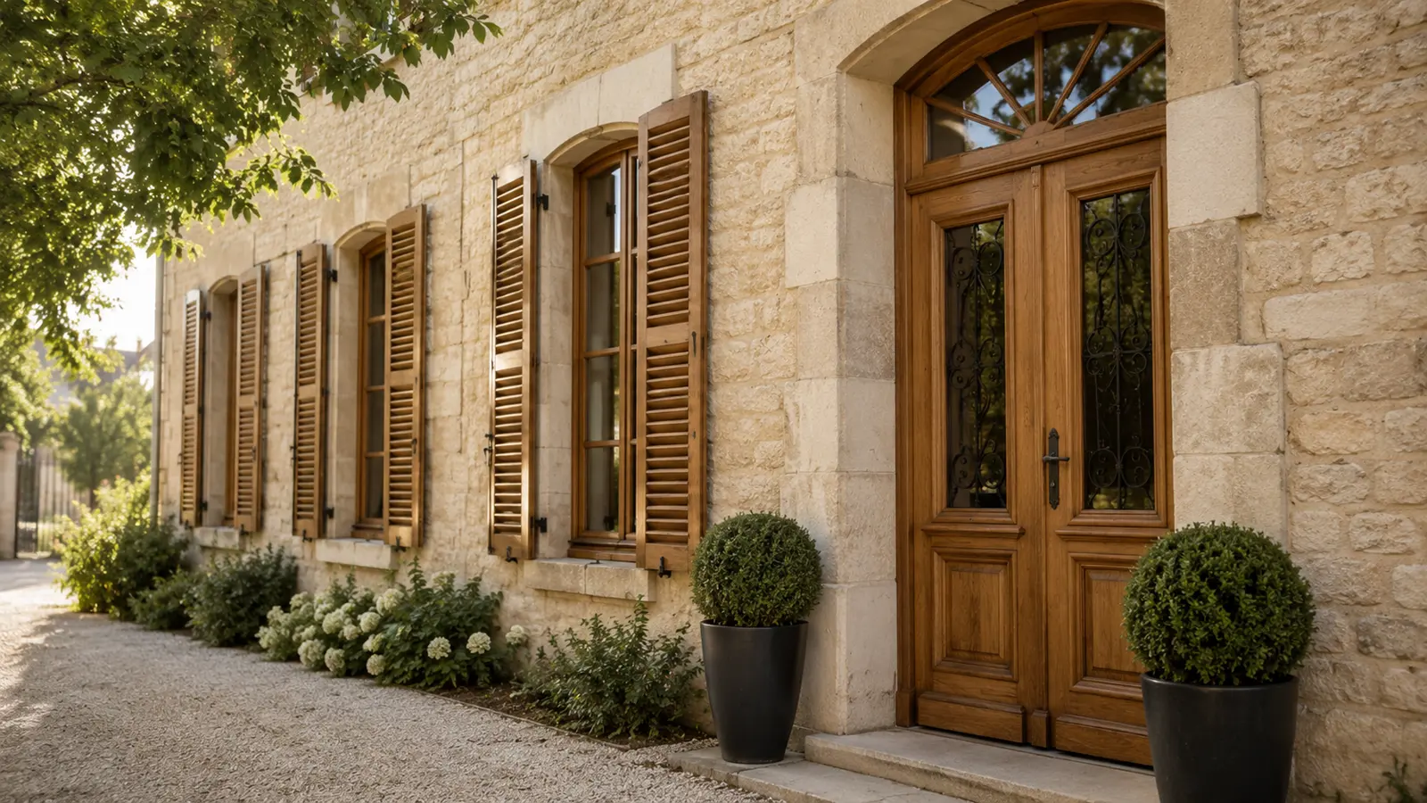 Façade en pierre équipée de ses menuiseries bois posées