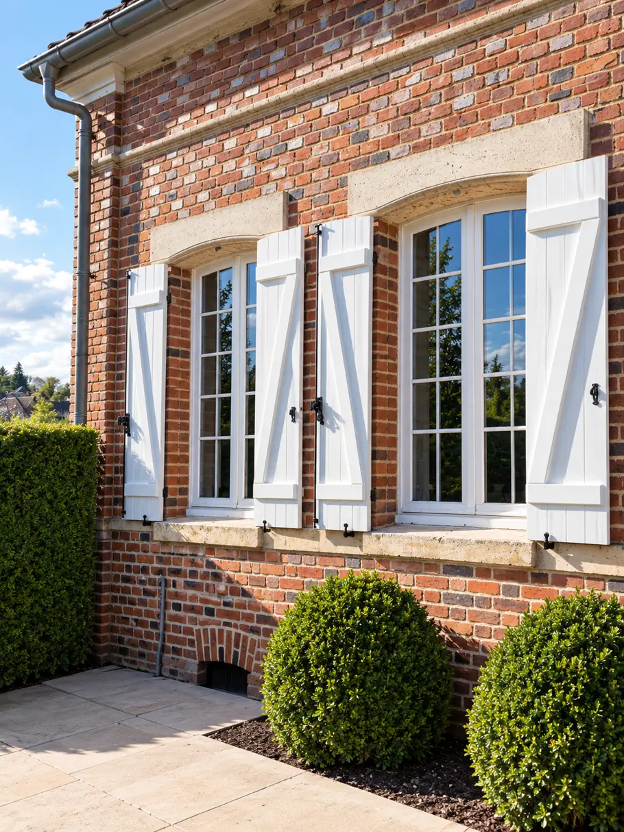 Fenêtres et volets battants blancs sur une maison de brique