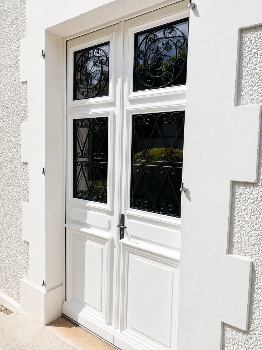 Porte d’entrée peinte en blanc, vitrée et protégée d’une grille en fer forgé