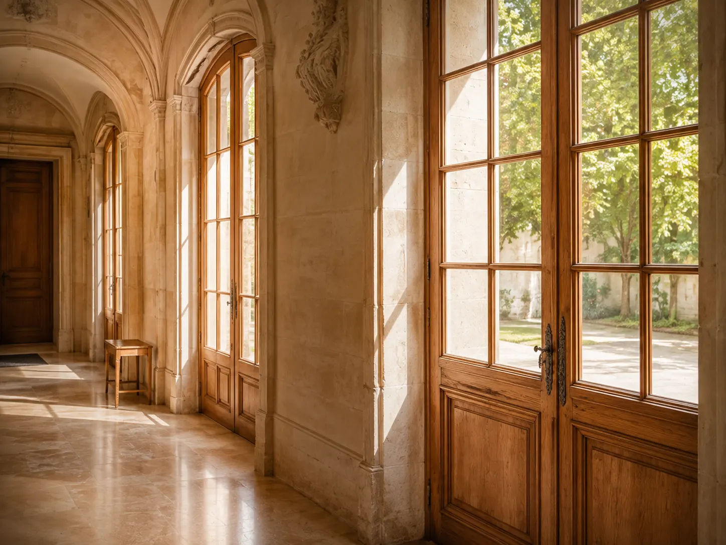 Galerie voûtée et ses portes-fenêtres bois restaurées