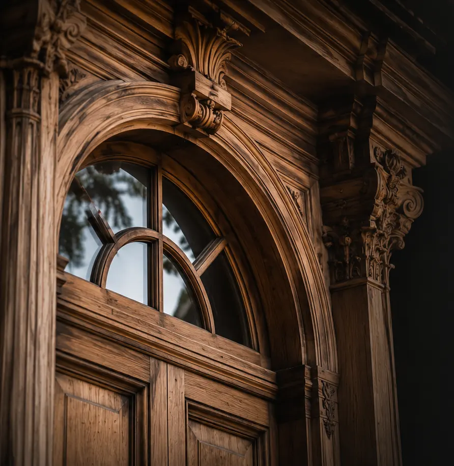 Porte ancienne cintrée et sculptée dans son encadrement de pierre